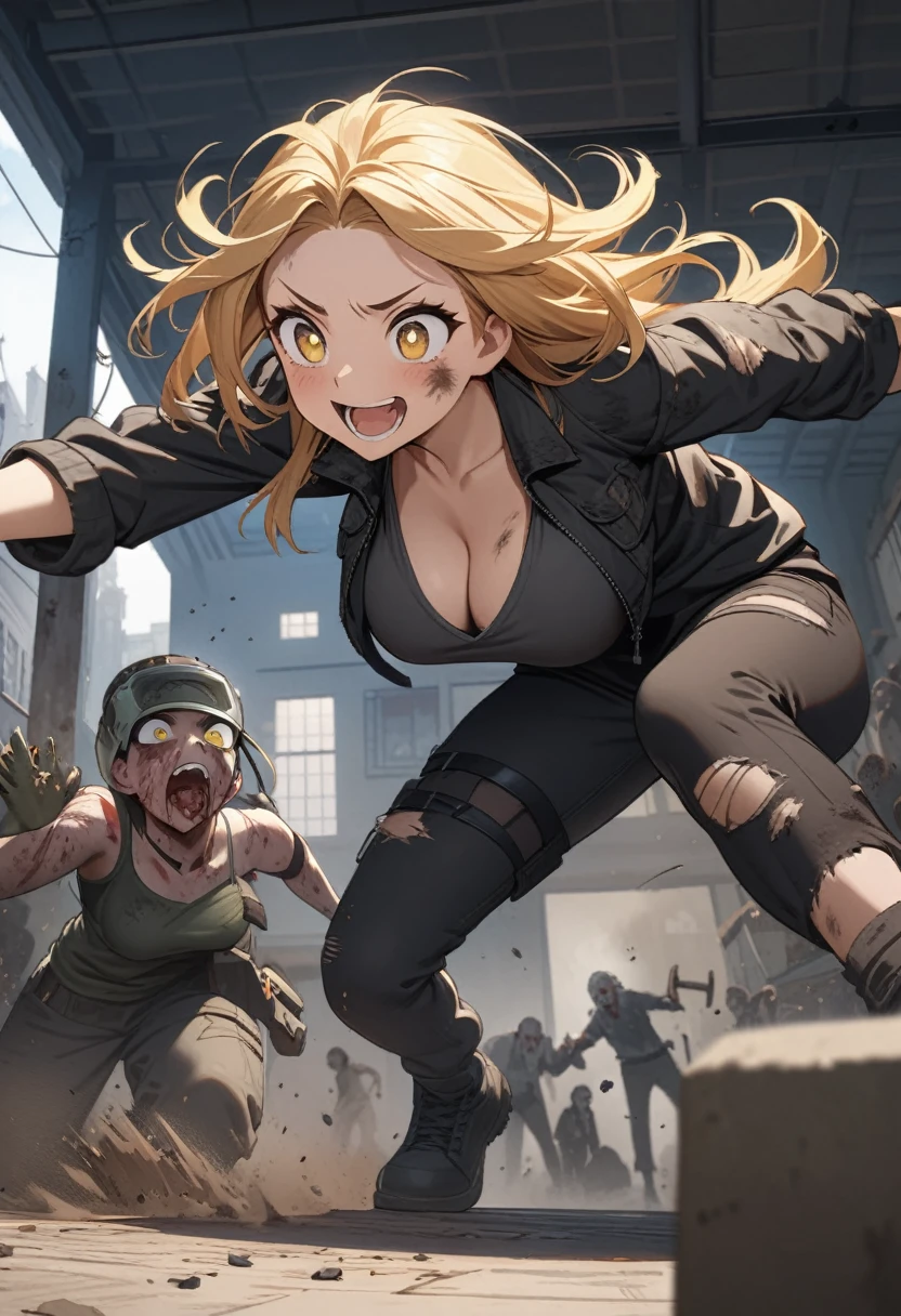 Golden hair, golden eyes with black pupils, woman , big chest, motorcycle goggles, happy, focused, building defense wall, hammering nails, dirty, garage, zombie apocalypse, tattered black streetwear, speeding, highly detailed, perfect eyes, well defined eyes, highly detailed eyes, expressive eyes, best quality