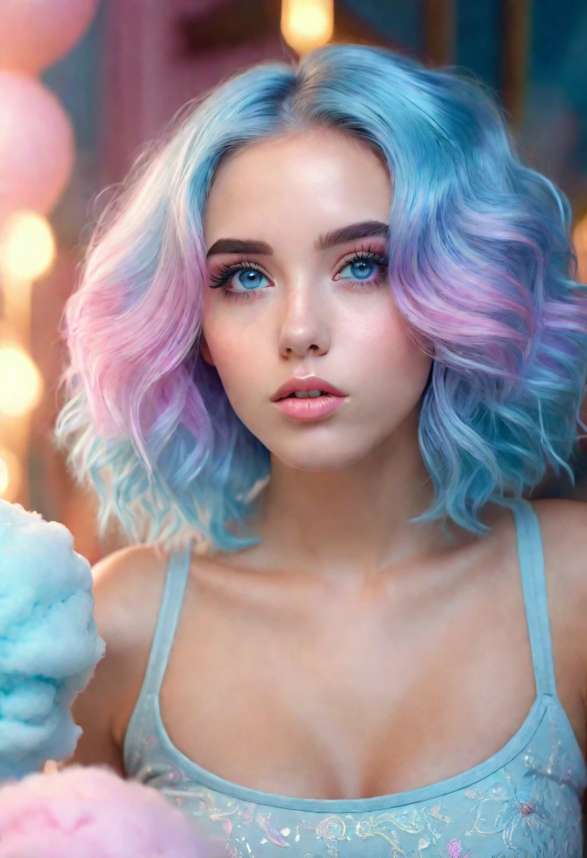 A girl looking to the side with blue cotton candy colored hair, beautiful detailed eyes, beautiful detailed lips, extremely detailed face, long eyelashes, soft pastel colors, dreamy expression, cute and whimsical, cinematic lighting, volumetric lighting, intricate details, delicate skin texture, fantasy, digital art, 8k, highly detailed, photorealistic, masterpiece
