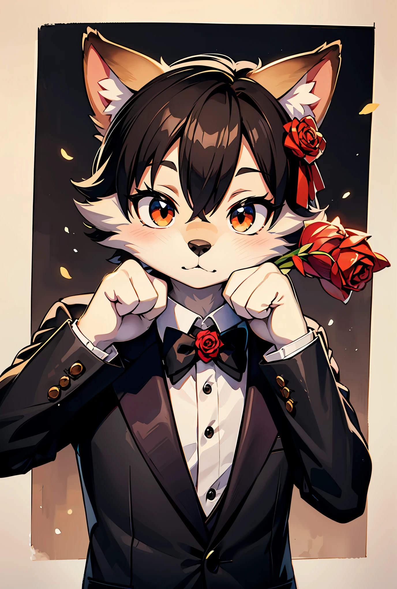 Watercolor elements, 1boy, kemono, furry, detailed body fur, animal face, animal hand, Handsome boy in tuxedo holding a red rose and looking at viewer,