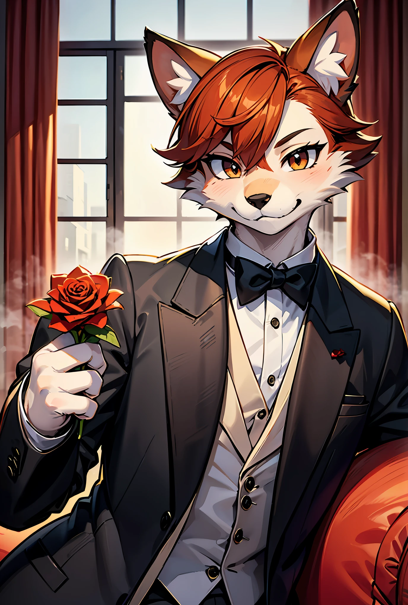 Watercolor elements, 1boy, kemono, furry, detailed body fur, animal face, animal hand, Handsome boy in tuxedo holding a red rose and looking at viewer,