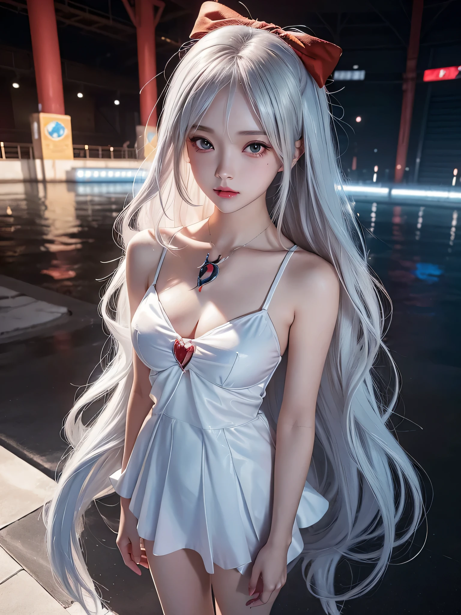 (masterpiece:1.1), (detailed:1.1), ((1girl)), (8k), , anime girl with long silver hair, perfect platinum haired girl,  anime girl, girl with platinum hair, beautiful anime girl, photorealistic anime, realistic young anime girl, hyper realistic anime, realistic anime 3 d style, attractive anime girl, smooth anime cg art, anime girl, beautiful anime woman, silver haired, (brown eyes), (red bow), (cute face), rosy cheeks, (detailed face), (detailed eyes), (look like sinestrea arena of valor), (sinestrea from arena of valor), (beautiful face), full body shot, skin white, (eye left blue), (eye right brown)