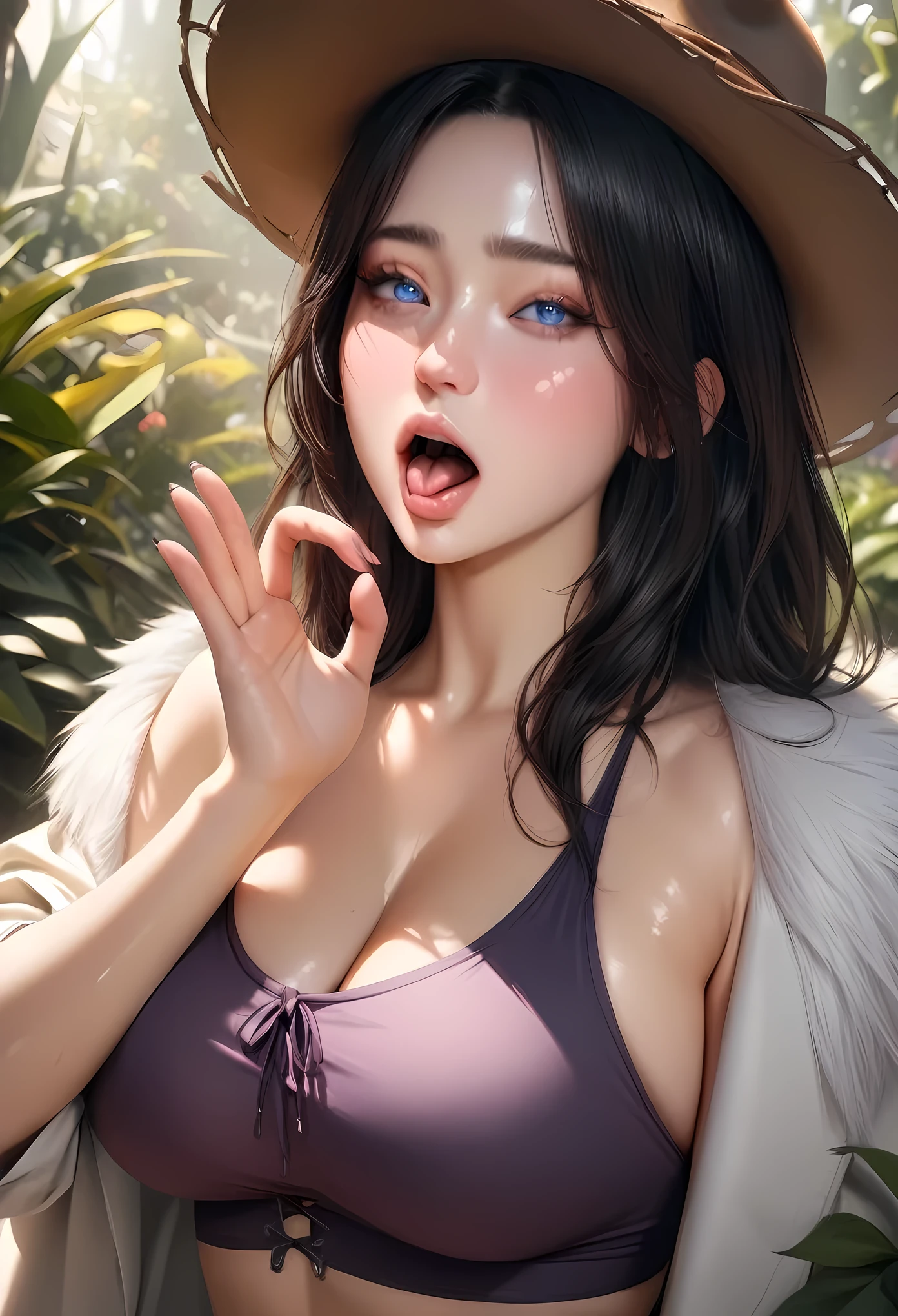 masterpiece, best quality, very aesthetic, absurdres, newest,animetoreal,soft light, delicate face, realistic,photorealistic,open_mouth,fellatio_gesture,FellatioGesture,heart-shaped eyes,upper body,,nico_robin(one_piece), black_hair, blue_eyes,medium_hair, shiny_skin, large_breasts, cowboy_hat, crop_top, cross-laced_footwear, white_footwear, knee_boots, white_coat, fur-trimmed_coat, long_coat, purple_shorts,,in a botanical garden