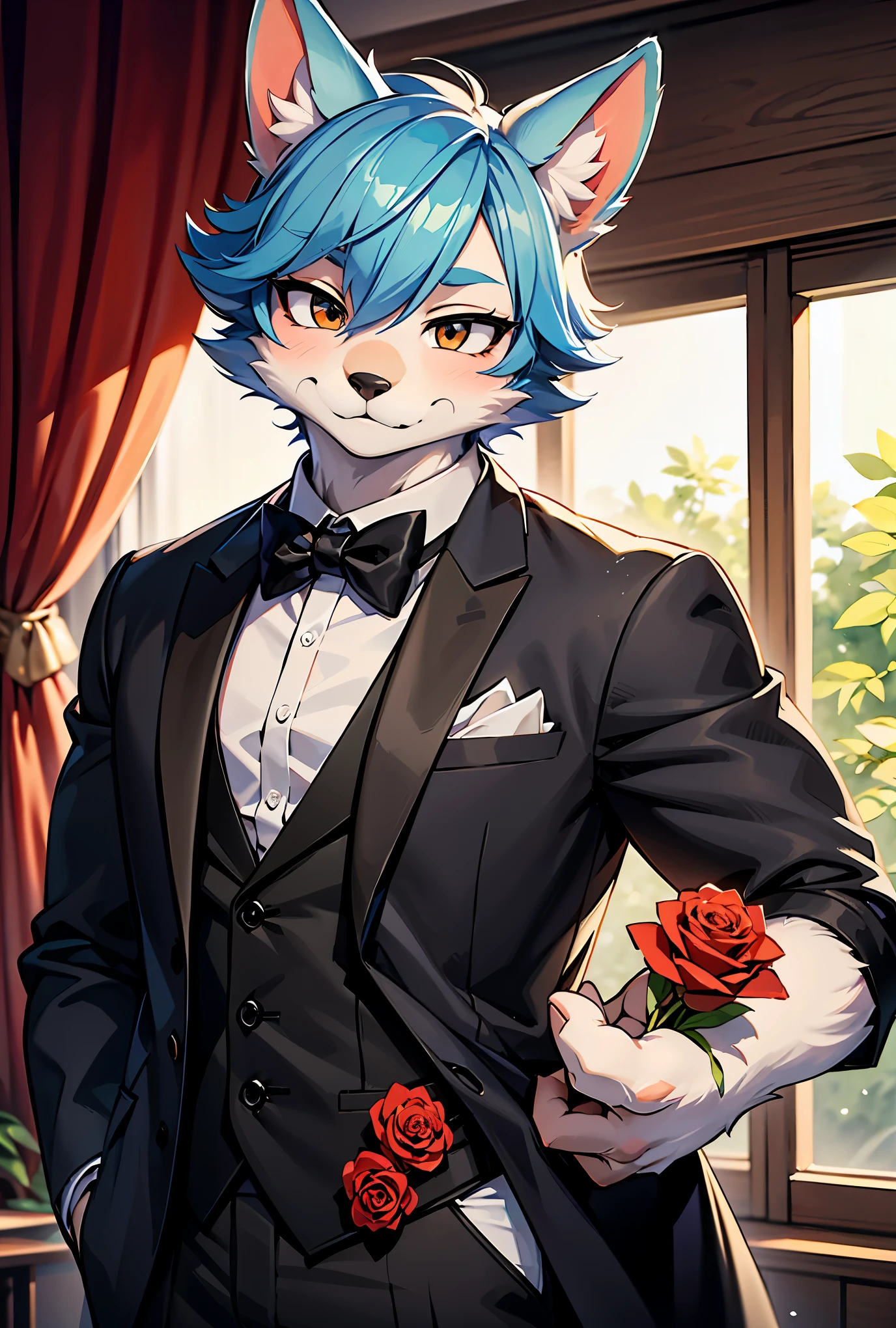 Watercolor elements, 1boy, kemono, furry, detailed body fur, animal face, animal hand, Handsome boy in tuxedo holding a red rose and looking at viewer,