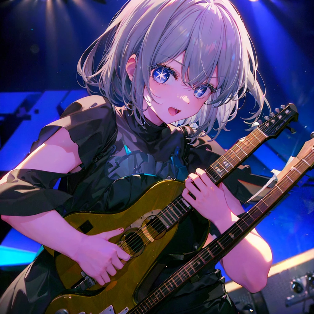 (((1 person Gray Hair dress singer blue eyes))) ((High resolution short hair 青いdress Black Skirt Rin々Funny face)) ((Close-up)) ((Open your mouth Shining Aura On stage Guitar solo)) (smile Exposure to blue light) Shining Background Shining Edge