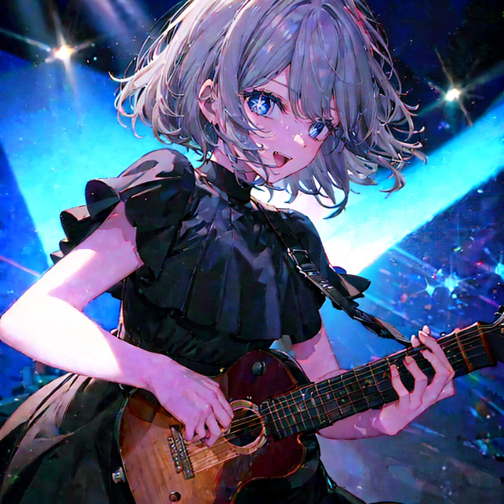 (((1 person　Gray Hair　dress　singer　blue eyes)))　((High resolution　short hair　青いdress　Black Skirt　Rin々Funny face))　((Close-up))　((Open your mouth　Shining Aura　On stage　Guitar solo))　(smile　Exposure to blue light)　Shining Background　Shining Edge