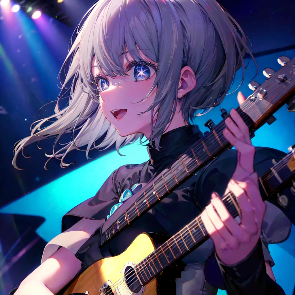 (((1 person　Gray Hair　dress　singer　blue eyes)))　((High resolution　short hair　青いdress　Black Skirt　Rin々Funny face))　((Close-up))　((Open your mouth　Shining Aura　On stage　Guitar solo))　(smile　Exposure to blue light)　Shining Background　Shining Edge