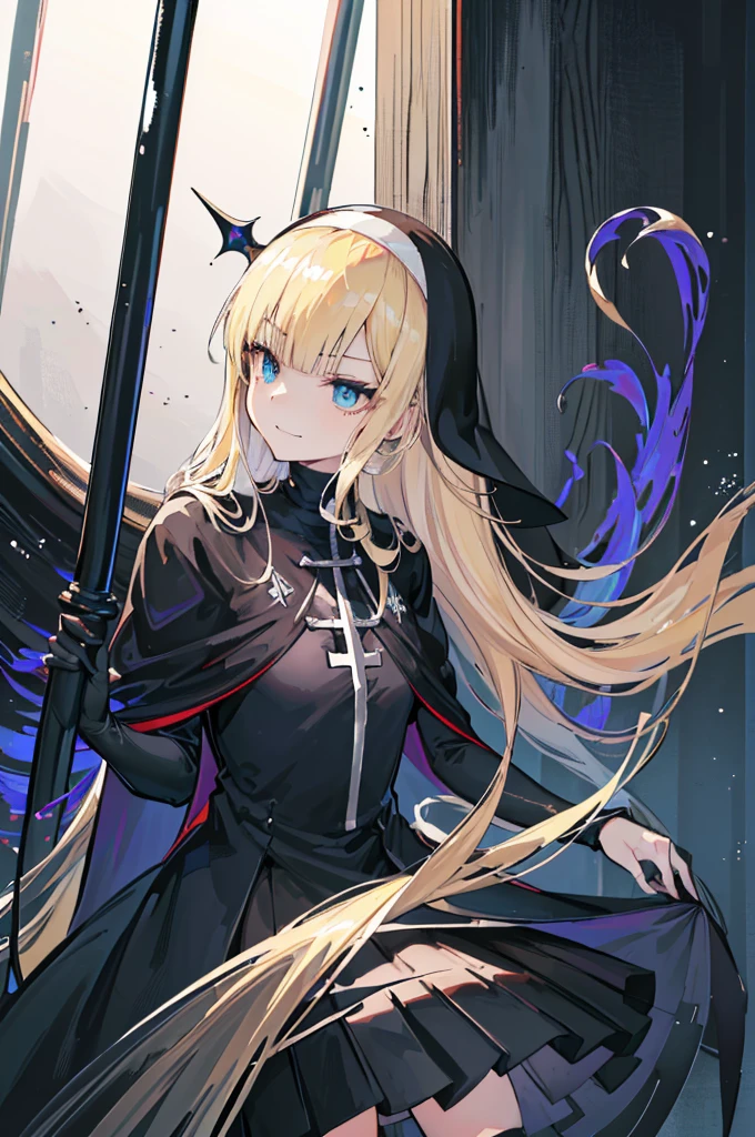 [(cathedral background:1.4)::5],Original,(Illustration:1.1),(Best Quality),(masutepiece:1.1),(the Extremely Detailed CG Unity 8K Wallpapers:1.1), (Colorful:0.9),(mid-shot:0.95),(very detailed beautiful face and eyes),(Solo:1.2), (girl),(((Adult))), (Detailed beautiful eyes:1.15), (Beautiful face:1.15), (Glowing blue eyes:1.25////),(((blond Long Hair))),((Black nun Costume)),((Black pleated mini skirt)),(+perfect hand+:1.21),(Draw an illustration of a girl in a black nun costume woman),(Religious),(slender),(((Adult))),((Wearing black thighhighs)),evil Smile,face-makeup,royal,((Black Nun)),((evil smile)),upper body,medium chest,