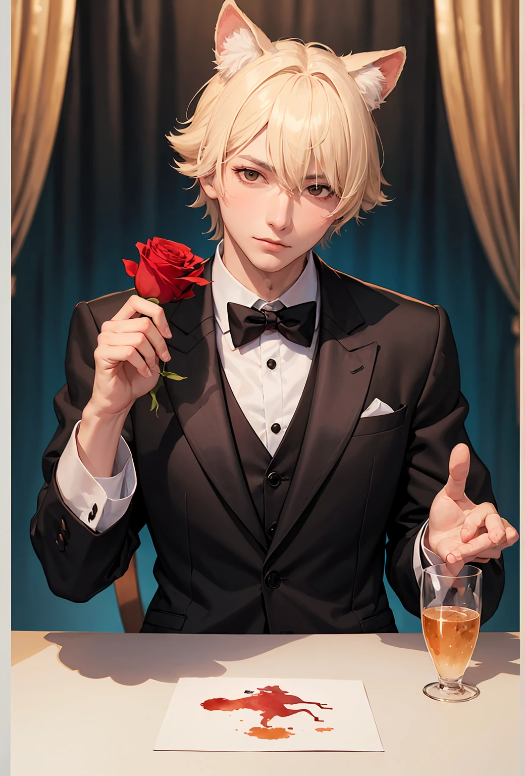 Watercolor elements, 1boy, kemono, furry, detailed body fur, animal face, animal hand, Handsome boy in tuxedo holding a red rose and looking at viewer,