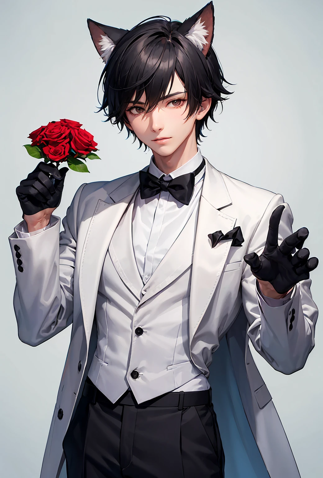 Watercolor elements, 1boy, kemono, furry, detailed body fur, animal face, animal hand, Handsome boy in tuxedo holding a red rose and looking at viewer,