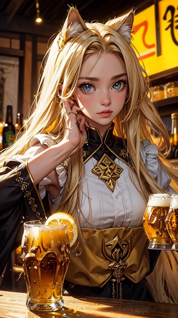 ,lf with, long hair, and cat eyars, swettt, detailed eyes, detailed hands, detailed face, split beer, all over her, drops, drops of yellow beer, beer splet, yellow beer