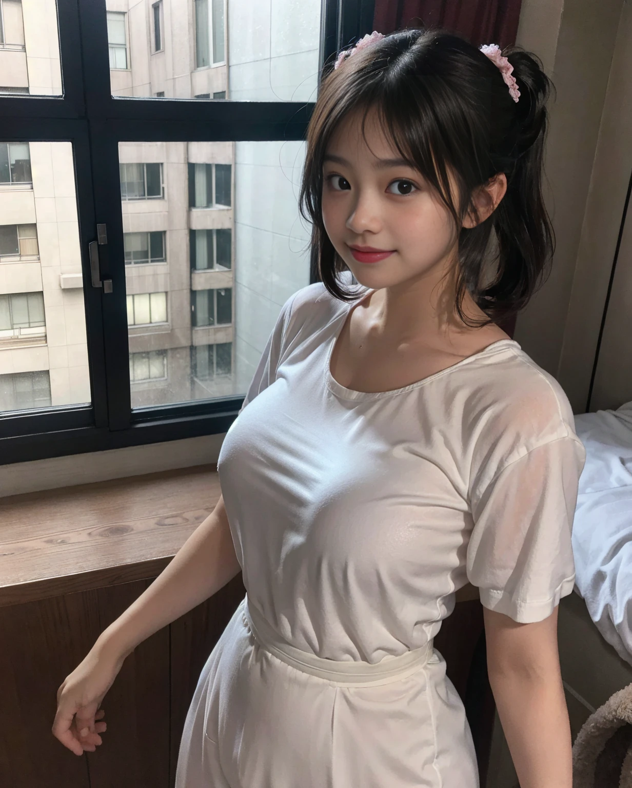 (shot from the side, face to the front). (full body shot). Masterpiece. adorable, 1 girl, 10 years old, baby face, beautiful. . Smile, looks happy. Round big , . Wearing pajamas. japanese girl. Short hair Scrunchie, shiny skin. sweaty body, sweaty , sweaty face, sweaty face, (sweaty details). posing standing next to the window, at night. bedroom. Ultra high res.photorealistic:.1.4,UHD