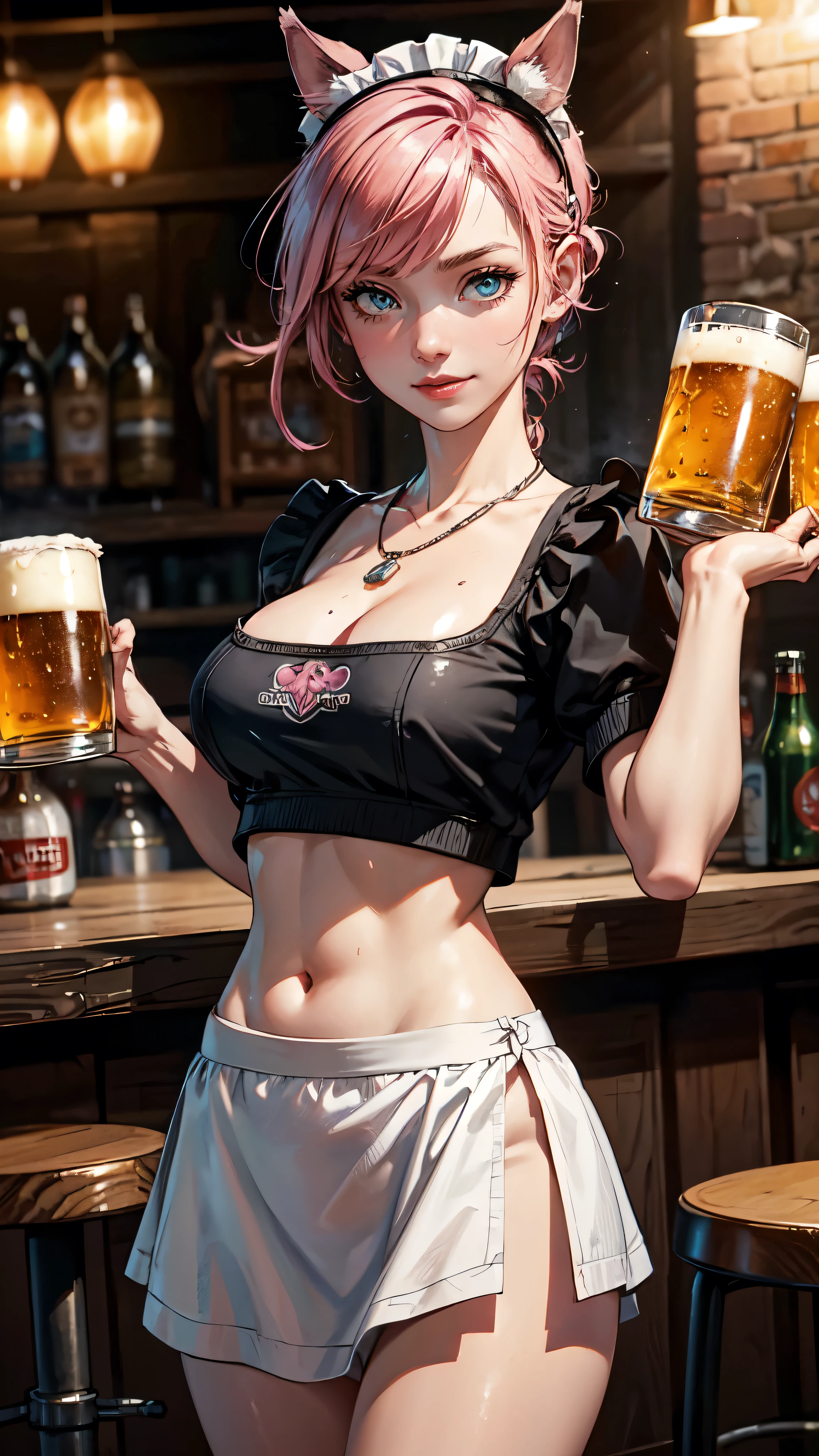 nsfw, masterpiece, 1 girl, intricately detailed, crop top, drindl, pubs, table, crowd, navel, necklace, beer, tavern, inn, pub, crowd, maid skirt, waist apron, short black hair, smiling, extremely detailed, photorealistic, octane render, 8 k, unreal engine. horse ears, horse tail, large breasts, , aqua eyes, carrying beer tray, bare stomach, sweaty, people on background,lf with, pink hair, and cat eyars, swettt, detailed eyes, detailed hands, detailed face
