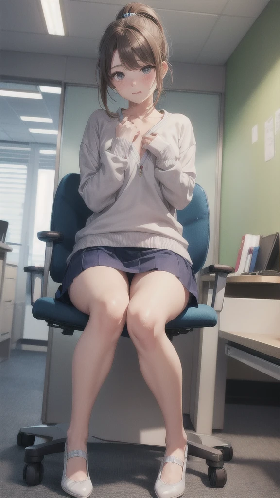 Highest quality , High resolution , Detailed CG , ponytail , White sweatshirt、 Navy Blue Skirt , Modest chest , Light brown hair , Two limbs , Optimal ratio , Embarrassed expression , My cheeks feel hot , office , to touch one&#39;unite your chest&#39;With my own hands , Facial expression when orgasm is reached , whole body , Panty shot、(Lift up your skirt)、Light blue lace panties