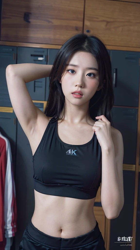 masterpiece, absurdres , (intricate details), (colorful),cinematic lighting,bust shot,extremely detailed CG unity 8k wallpaper ,hinata\(boruto\), 1girl, solo,mature female, arm up, looking at viewer, sports bra, locker room,cowboy shot, 