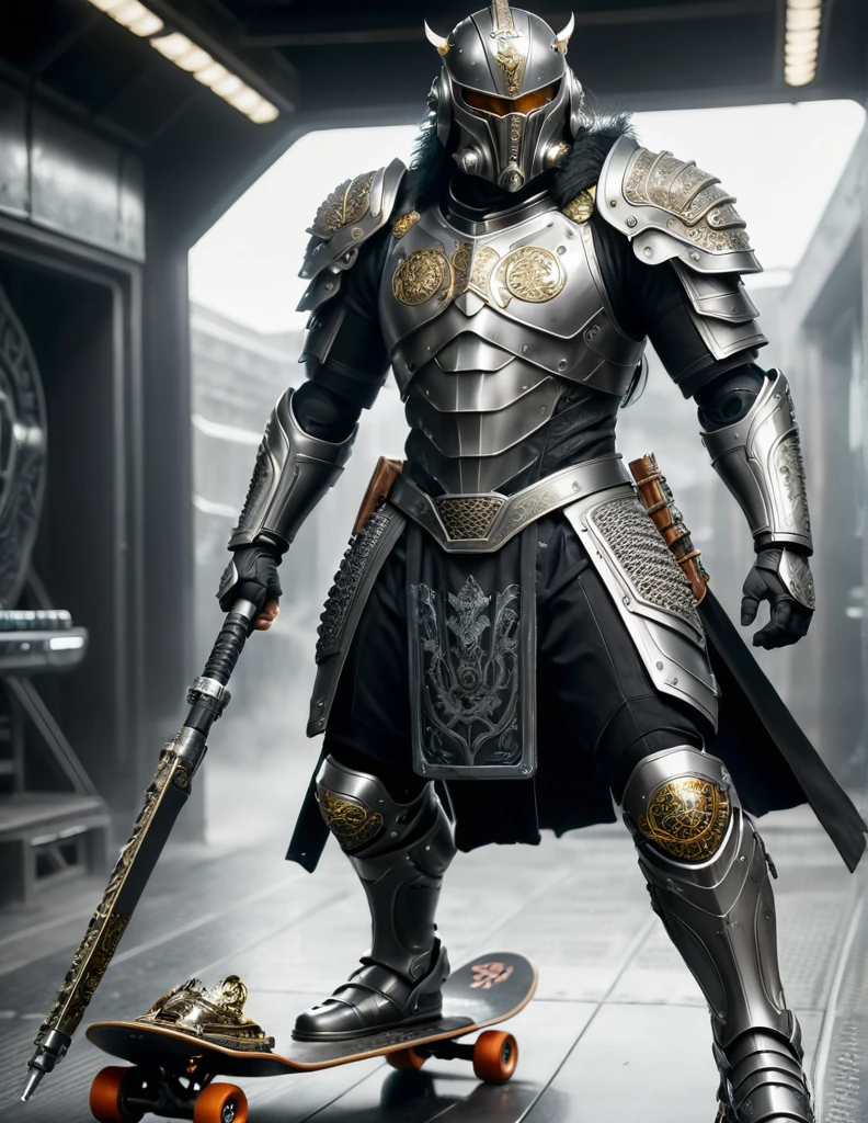 A high-resolution image of a science fiction Mongolian warrior with mask. He is adorned in armor combined with chainmail, with elements of carbon integrated into the design. He stands beside a futuristic ((skateboard)), made of sleek chrome and advanced materials. In one hand, he holds a (laser gun), its barrel glowing faintly. The warrior is powered by nuclear energy, with subtle indicators of this power source on his armor. The background is a dark void, with energy particles swirling around him, casting a soft light on the chrome and carbon surfaces. The overall scene blends ancient warrior aesthetics with futuristic technology, creating a striking and dynamic visual.