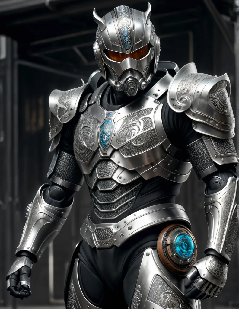 A high-resolution image of a science fiction Mongolian warrior with mask. He is adorned in armor combined with chainmail, with elements of carbon integrated into the design. He stands beside a futuristic ((skateboard)), made of sleek chrome and advanced materials. In one hand, he holds a (laser gun), its barrel glowing faintly. The warrior is powered by nuclear energy, with subtle indicators of this power source on his armor. The background is a dark void, with energy particles swirling around him, casting a soft light on the chrome and carbon surfaces. The overall scene blends ancient warrior aesthetics with futuristic technology, creating a striking and dynamic visual.