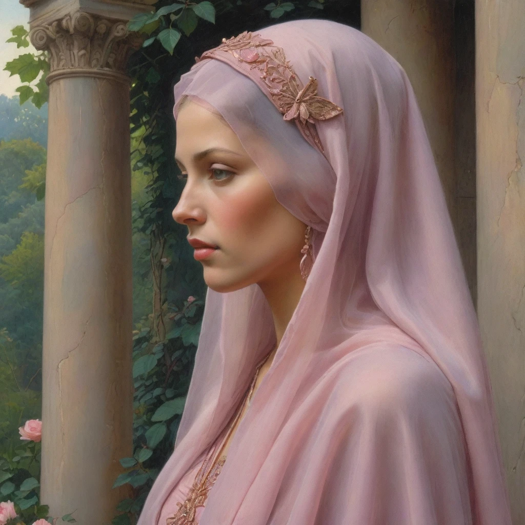 Masterpiece, ((realistic)), (propaganda poster), (((Moebius Jean Giraud))), ((((profile portrait of a veiled Roman woman, young, priestess, sensual, dignified, proud, arrogant, wearing silk pink and mauve robes with detailed moth, rose elements)))), (((Corinthian columns, jungle background, moths)))