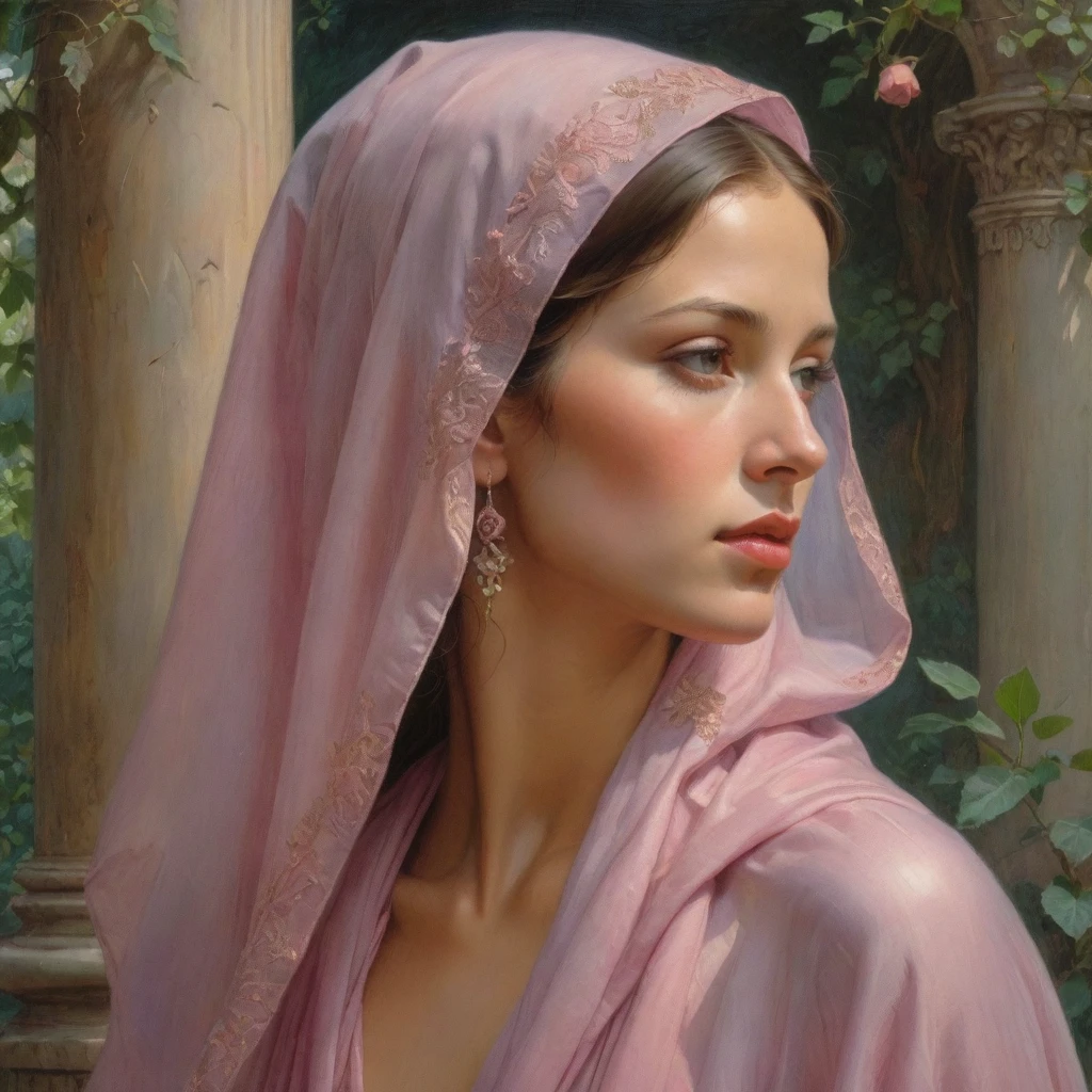 Masterpiece, ((realistic)), (propaganda poster), (((Moebius Jean Giraud))), ((((profile portrait of a veiled Roman woman, young, priestess, sensual, dignified, proud, arrogant, wearing silk pink and mauve robes with detailed moth, rose elements)))), (((Corinthian columns, jungle background, moths)))