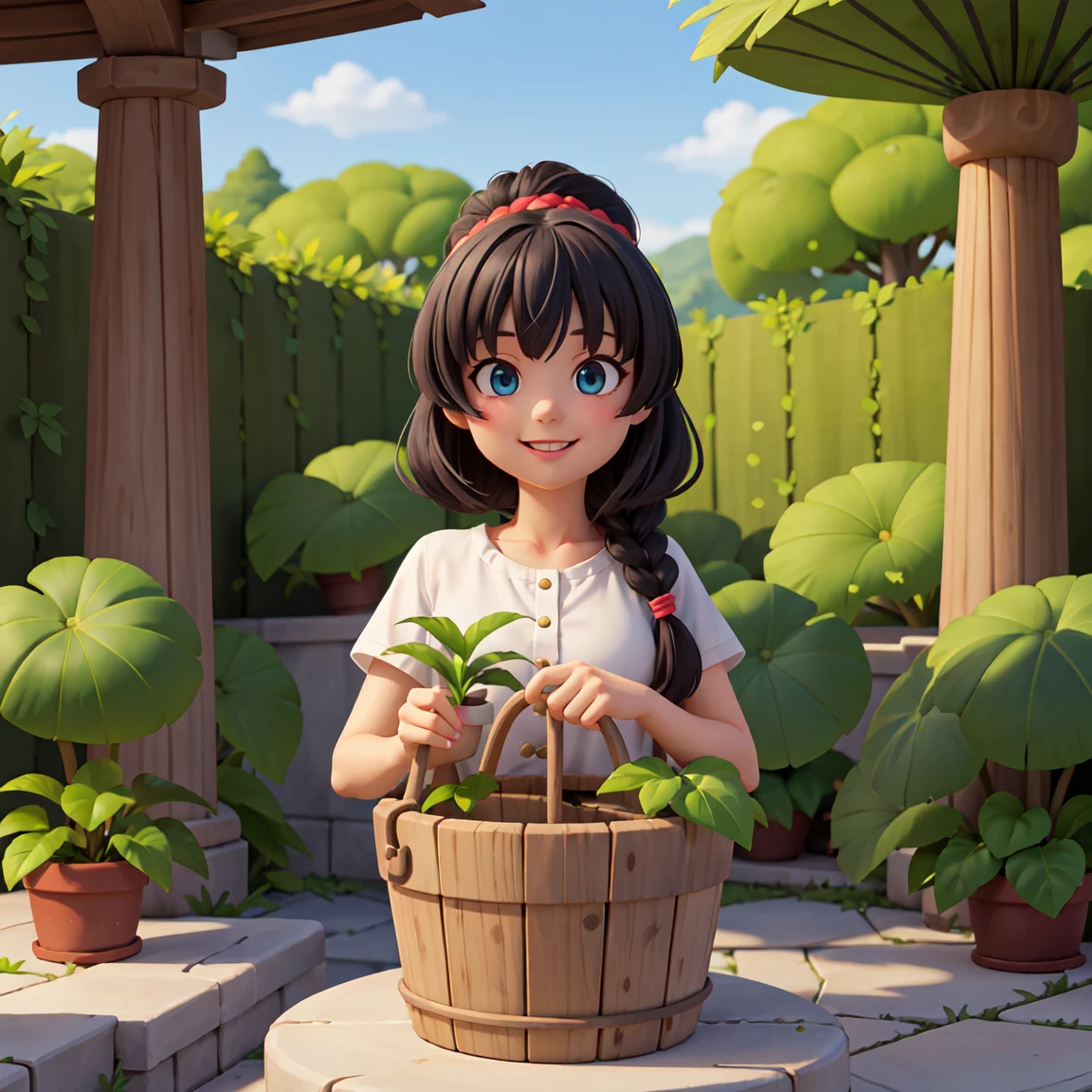 A young woman，Black hair，Braid on the chest，Holding a plant in a bucket, High-quality fanart, anime lush john 8k woods, Anime cute art style, [[[[Smiling happily]]]], ,Some plants in the background, As anime character, Gu Weiss, High-quality anime art style