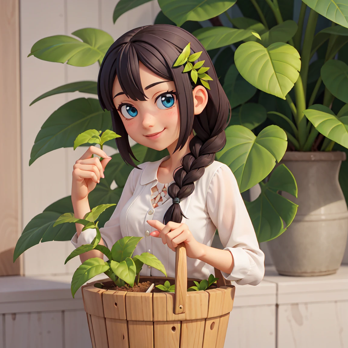 A young woman，Black hair，Braid on the chest，Holding a plant in a bucket, High-quality fanart, anime lush john 8k woods, Anime cute art style, [[[[Smiling happily]]]], ,Some plants in the background, As anime character, Gu Weiss, High-quality anime art style