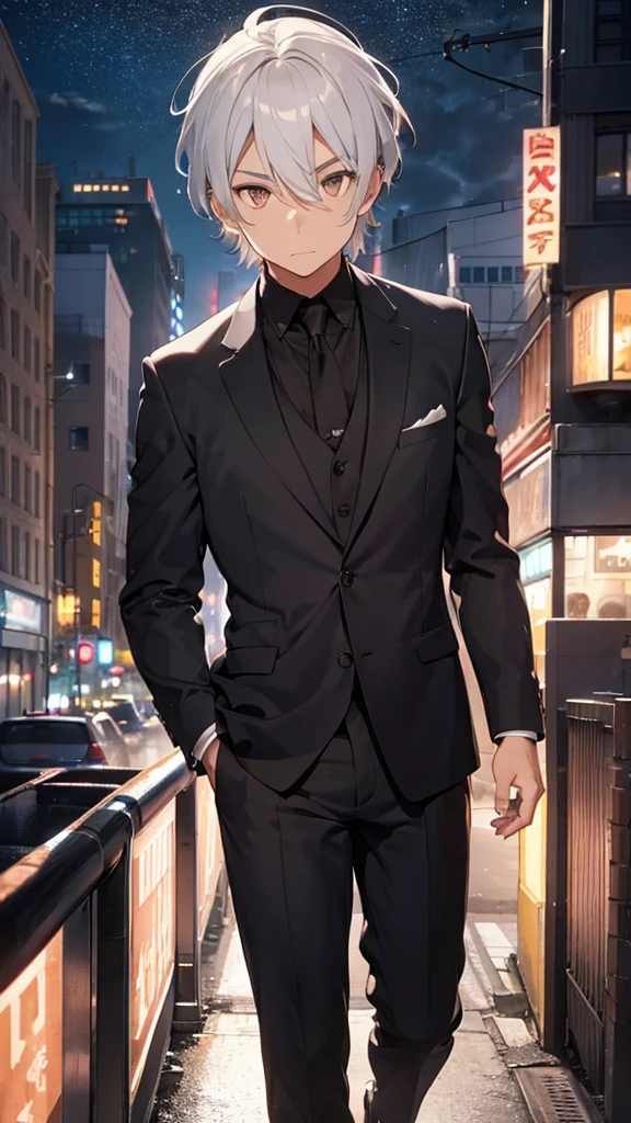 A half-body portrait of man with Smoky white hair, brown eyes ,wearing black suit.black tone, look back at the half-body image. look back. city view at night