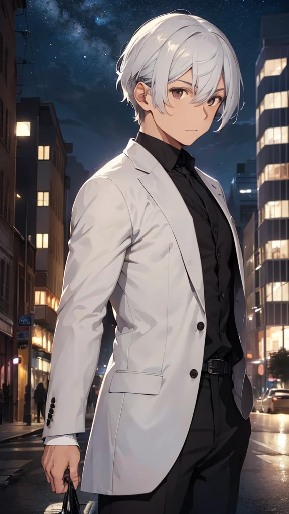A half-body portrait of man with Smoky white hair, brown eyes ,wearing black suit.black tone, look back at the half-body image. look back. city view at night
