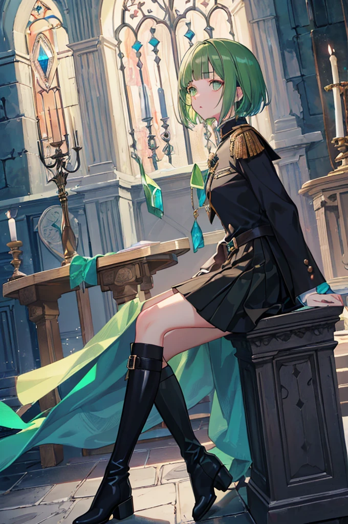 [(with a cathedral background:1.4)::5],original,(shape:1.1),(highest quality),(Tabletop:1.1),(Highly detailed CG Unity 8k wallpaper:1.1), (colorful:0.9),(Mid Shot:0.95),(very detailed beautiful whole body),Dynamic Angle,(alone:1.2), (girl),(((Adult))), (Beautiful eyes in every detail:1.15), (Beautiful Face:1.15), (Glowing green eyes:1.25////),(Gemstone Eyes),(Green Short Hair),(Blunt bangs),((The girl wear a black knight uniform)),Realistic,, girl,Green Hair,((Black long boots)), Black mini skirt,Black knee socks(rage),(Contempt and contempt),rage,(beautiful slender girl),((Adult)),((whole body)),Valkyrie, Decorations,((Thin legs)),((slender girl)),Front Angle,Front Angle,