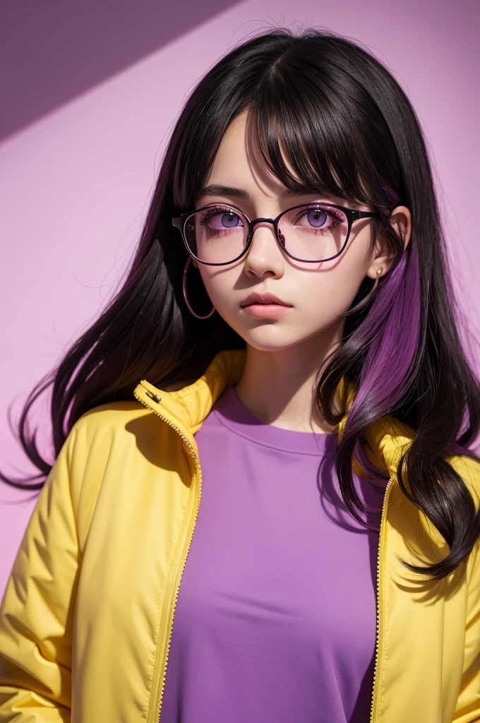 A girl, eyes black , pink glasses, pink and yellow jacket , side lighting , lilac background, fundo com raios