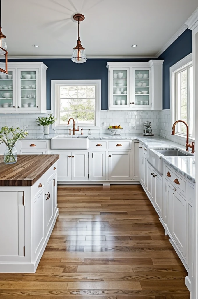 kitchen with bright white cabinets that go to the ceiling, with some upper cabinets with glass doors. The island could have a dark wood base or a contrasting color, like navy blue, with a white marble countertop. on top of the island, three industrial style pendant lamps. A vintage clock on the wall and some exposed copper utensils.