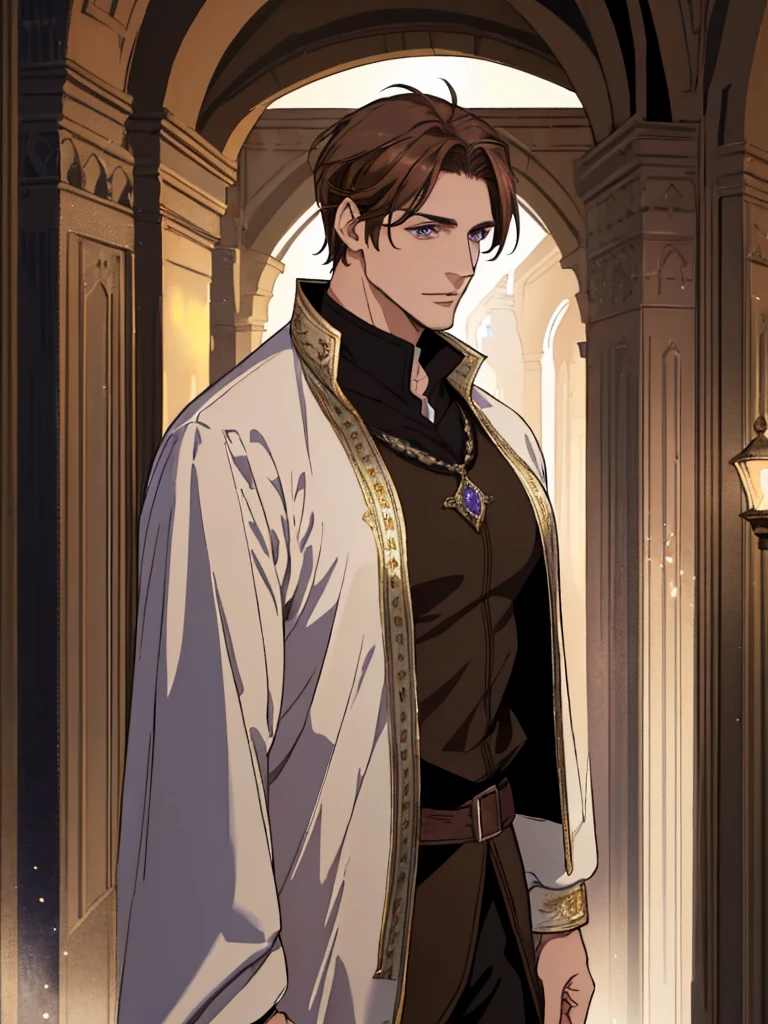 (Best quality),adult, age 38 years old, 1 manly, male, mature, very tall, elegant, (((very short dark light brown hair))), violet eyes, perfect eyes, light brown hair, medieval fantasy style, richly textured background, soft lighting, portrait style, painting style, deep colors, half body, perfect, half body, big body