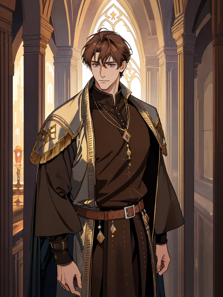 (Best quality),adult, age 38 years old, 1 manly, male, mature, very tall, elegant, (((very short dark light brown hair))), violet eyes, perfect eyes, light brown hair, medieval fantasy style, richly textured background, soft lighting, portrait style, painting style, deep colors, half body, perfect, half body, big body