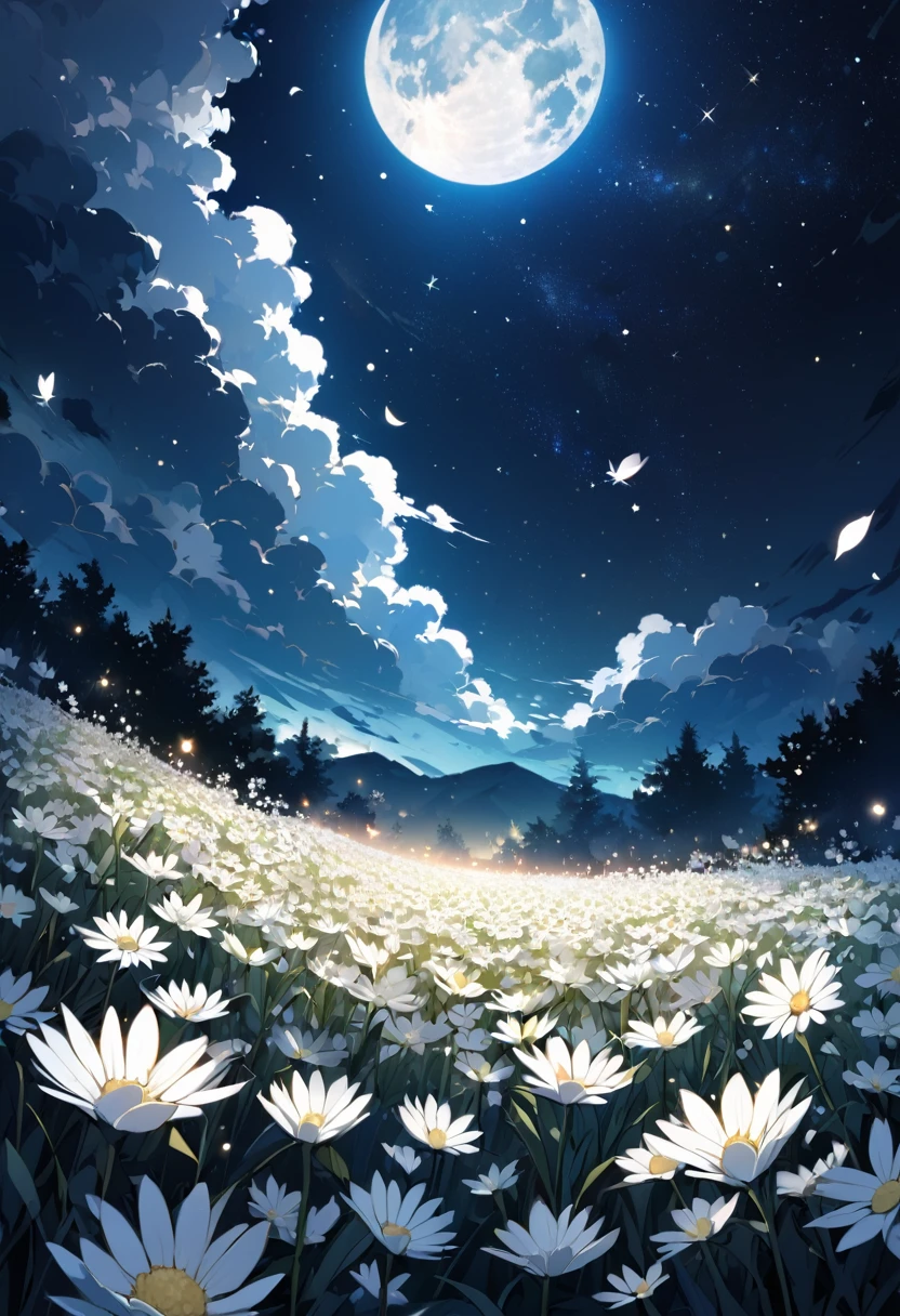 Beautiful field of white flowers on a background of the night sky with stars and moon