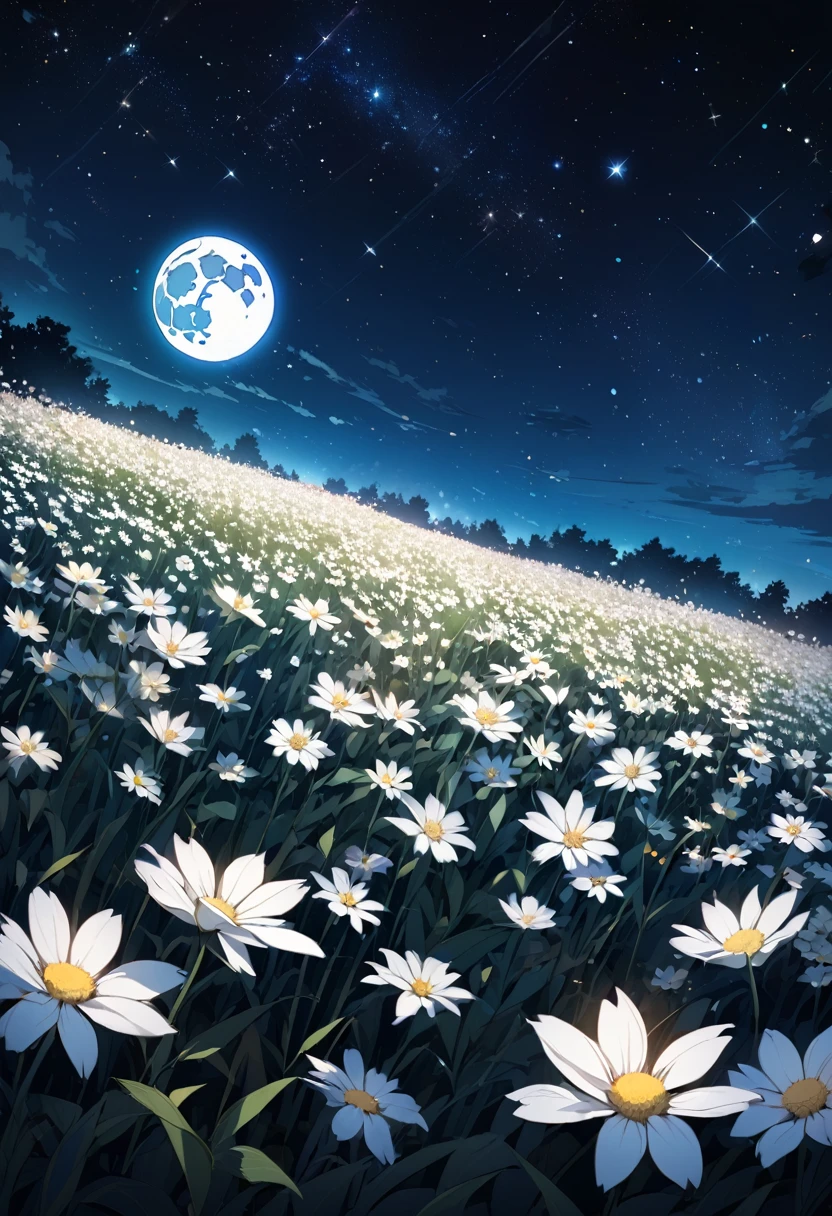 Beautiful field of white flowers on a background of the night sky with stars and moon