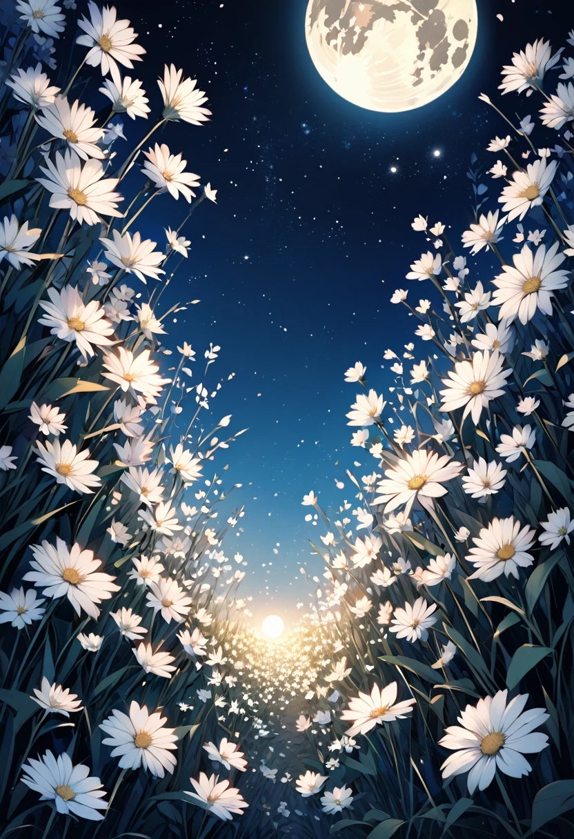 Beautiful field of white flowers on a background of the night sky with stars and moon