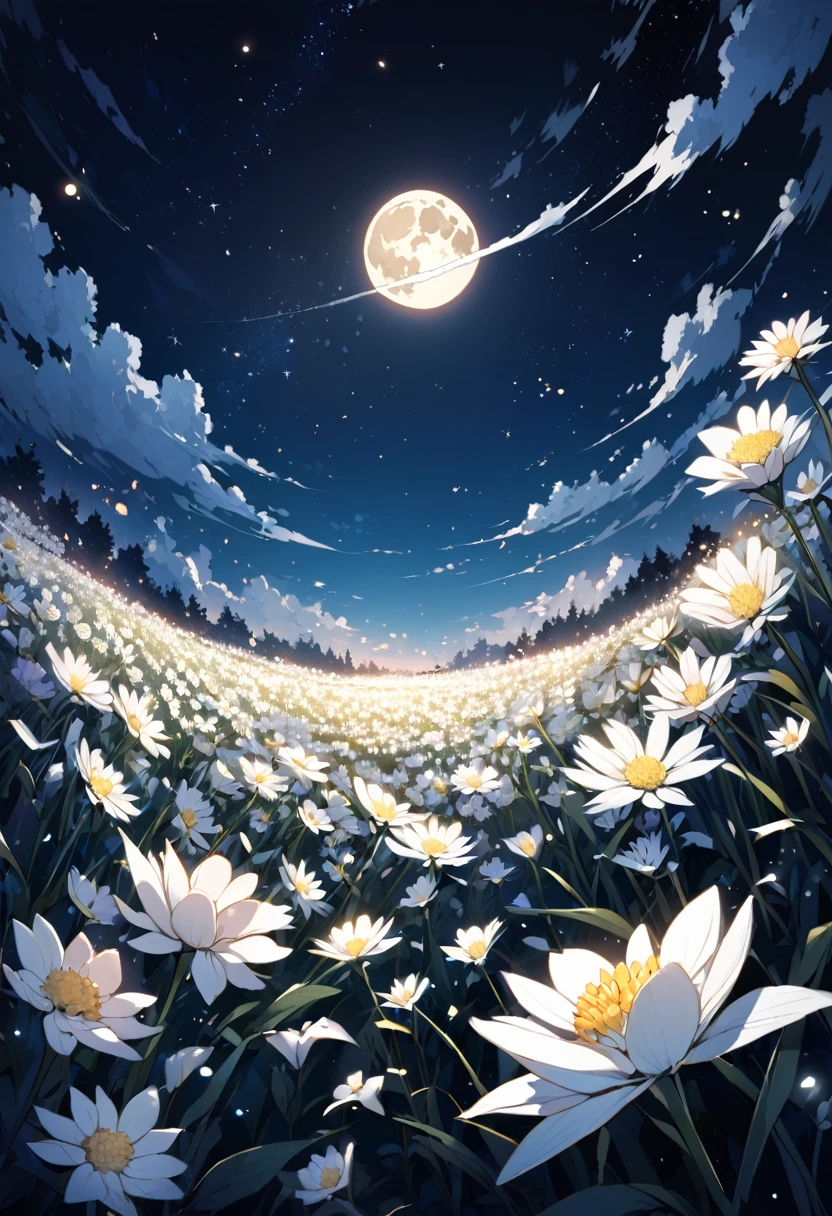 Beautiful field of white flowers on a background of the night sky with stars and moon