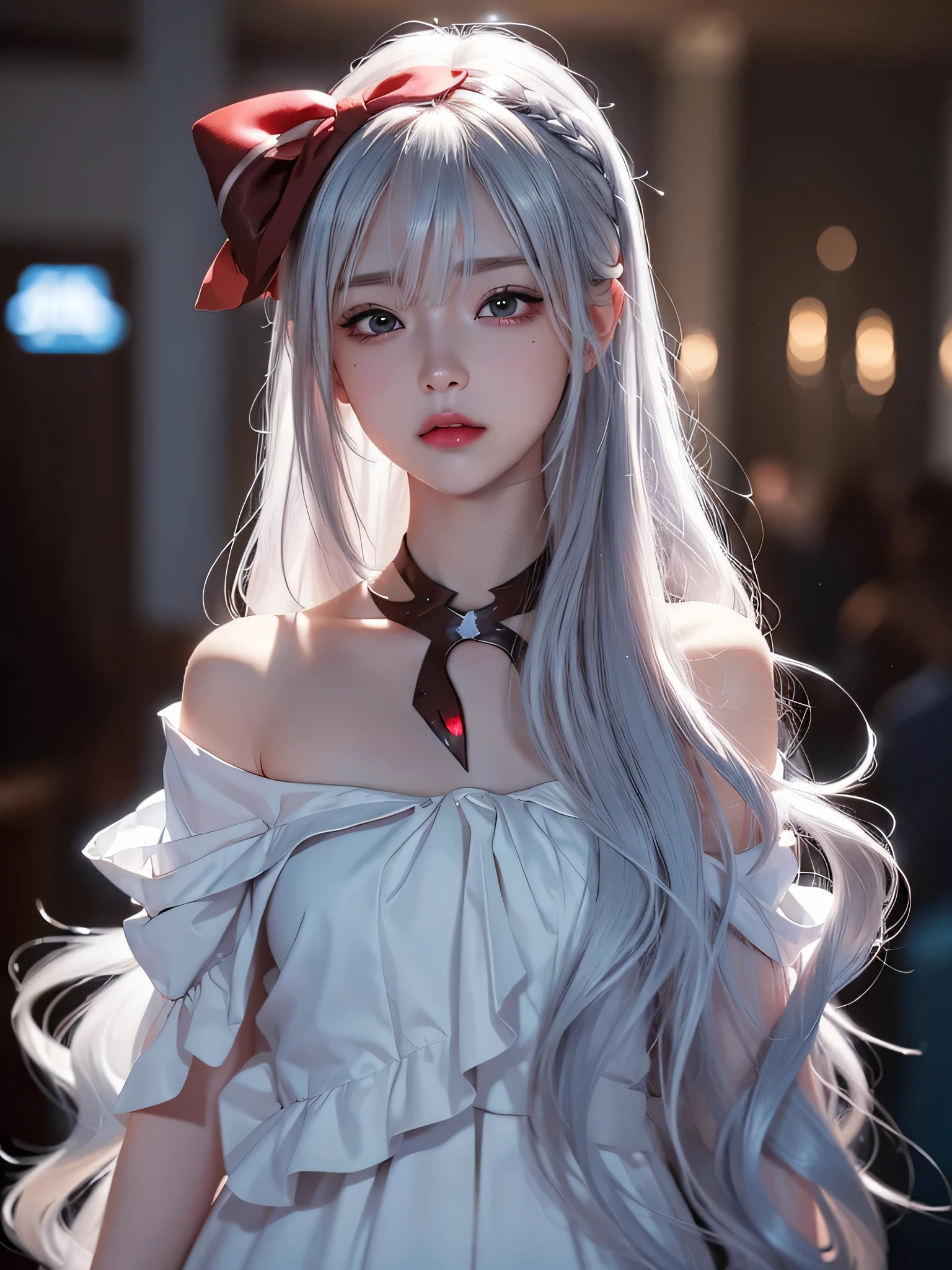 (masterpiece:1.1), (detailed:1.1), ((1girl)), (8k), medium breasts, anime girl with long silver hair, perfect platinum haired girl, seductive anime girl, girl with platinum hair, beautiful anime girl, photorealistic anime, realistic young anime girl, hyper realistic anime, realistic anime 3 d style, attractive anime girl, smooth anime cg art, anime girl, beautiful anime woman, silver haired, (brown eyes), (red bow), (cute face), rosy cheeks, (detailed face), (detailed eyes), (look like sinestrea arena of valor), (sinestrea from arena of valor), (beautiful face), full body shot, skin white, (eye left blue), (eye right brown)