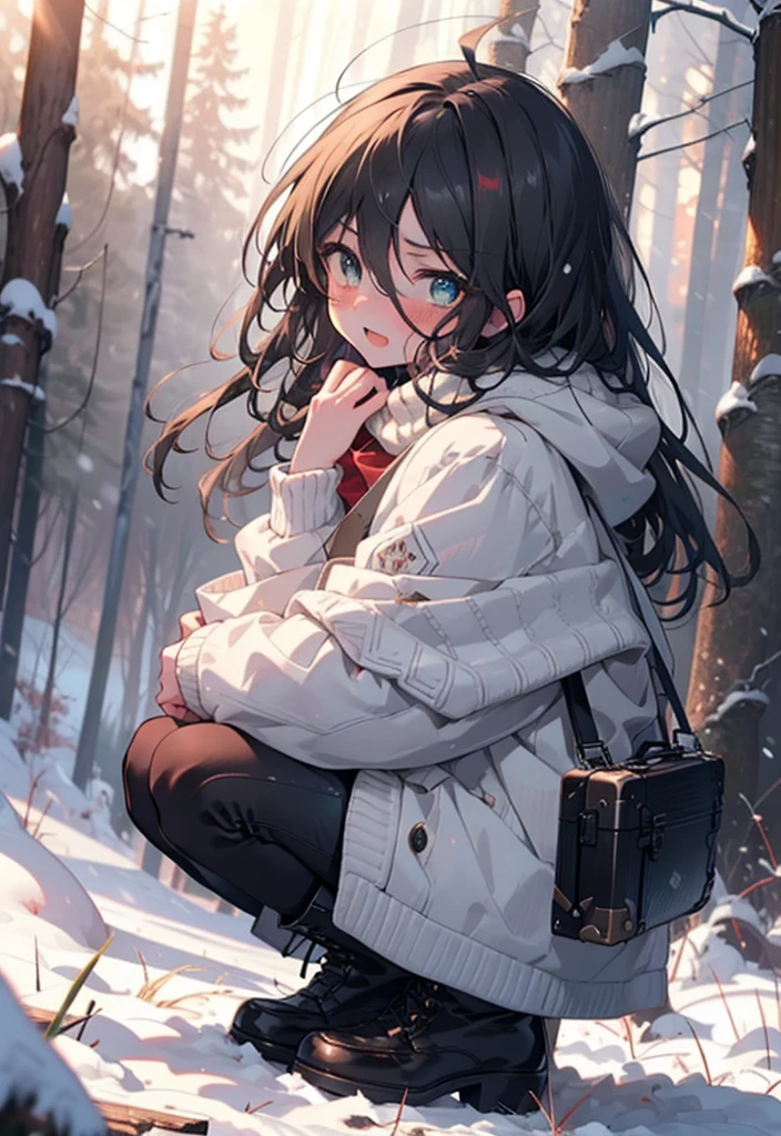 Shana,灼眼のShana,Long Hair, Redhead, Red eyes,Ahoge,,smile,blush,White Breath,
Open your mouth,snow,Ground bonfire, Outdoor, boots, snowing, From the side, wood, suitcase, Cape, Blurred, , forest, White handbag, nature, Squat, Mouth closed, Cape, winter, Written boundary depth, Black shoes, red Cape break looking at viewer, Upper Body, whole body, break Outdoor, forest, nature, break (masterpiece:1.2), Highest quality, High resolution, unity 8k wallpaper, (shape:0.8), (Beautiful and beautiful eyes:1.6), Highly detailed face, Perfect lighting, Highly detailed CG, (Perfect hands, Perfect Anatomy),
