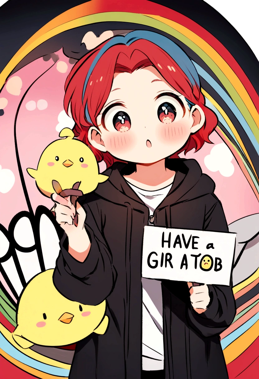 a chanchicuy and a chick next to a girl with dyed red hair in a black jacket and white shirt, a little chubby and flat, have the girl hold a sign that says YOBI