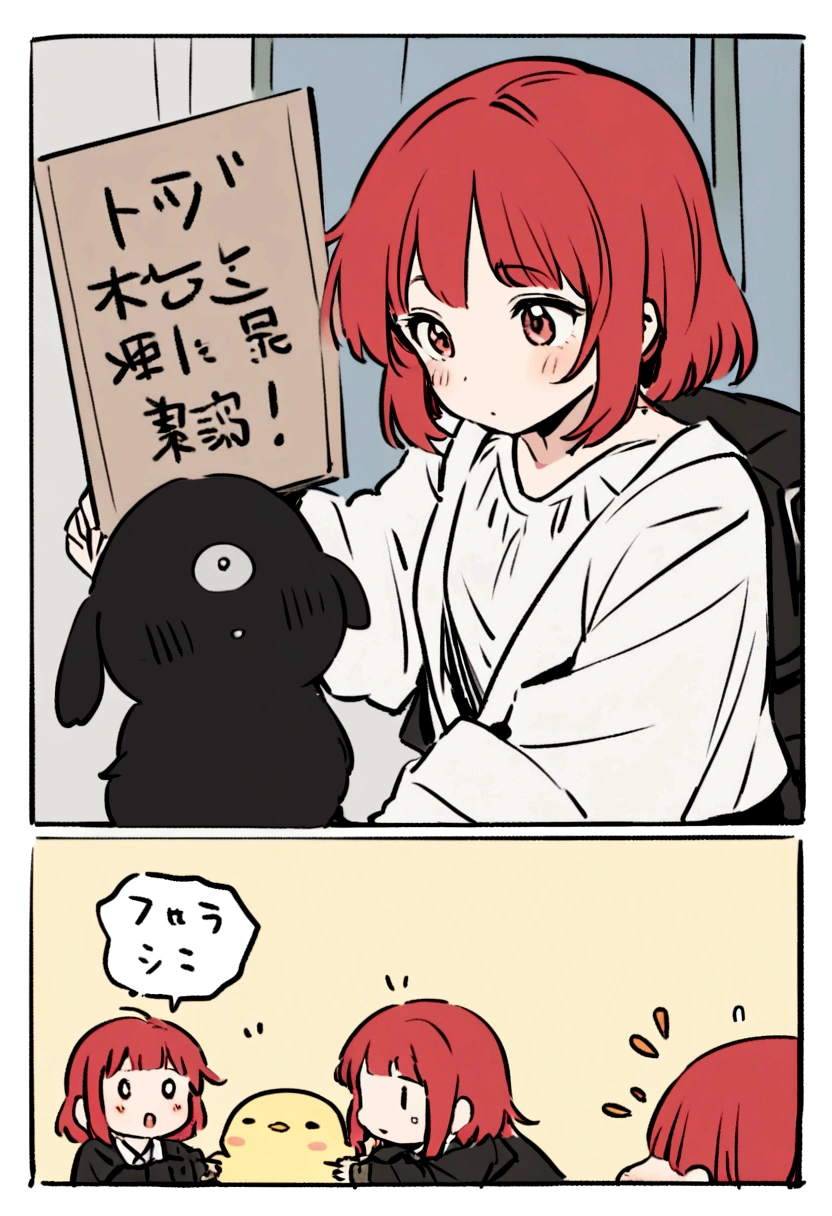 a chanchicuy and a chick next to a girl with dyed red hair in a black jacket and white shirt, a little chubby and flat, have the girl hold a sign that says YOBI