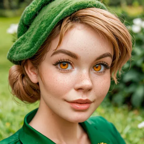 bushy shaggy bearded woman, facial hair, short light brown hair, amber eyes, green peter pan hat