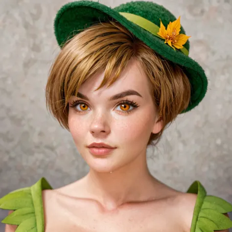 bushy shaggy bearded woman, facial hair, short light brown hair, amber eyes, green peter pan hat