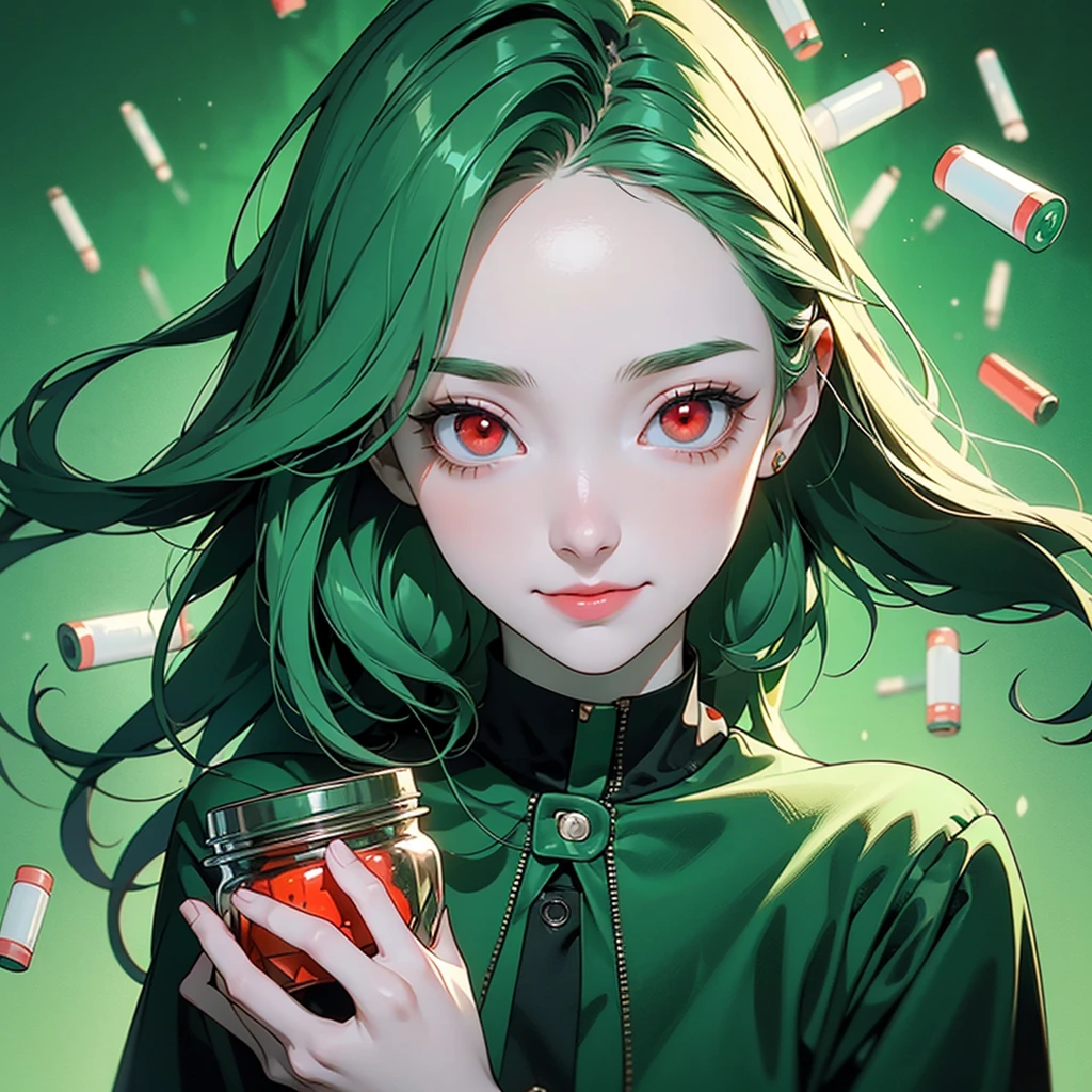 girl, holding a jar with many pharmaceutical pills, slight smile, red eyes, very pale skin, green image background and green image mask, madness and psychedelic image, various factors of madness and scrizophenia, elements of madness in the human mind