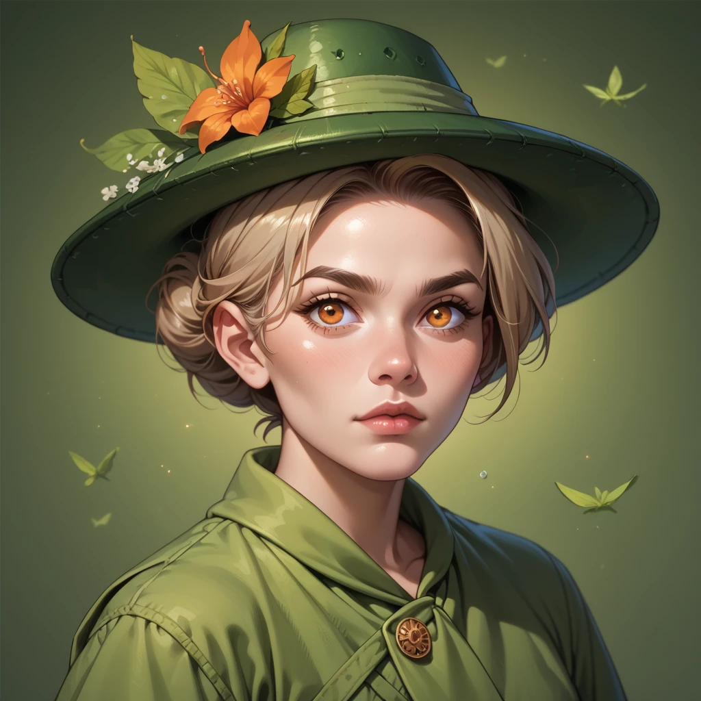 bushy shaggy bearded woman, facial hair, short light brown hair, amber eyes, green peter pan hat