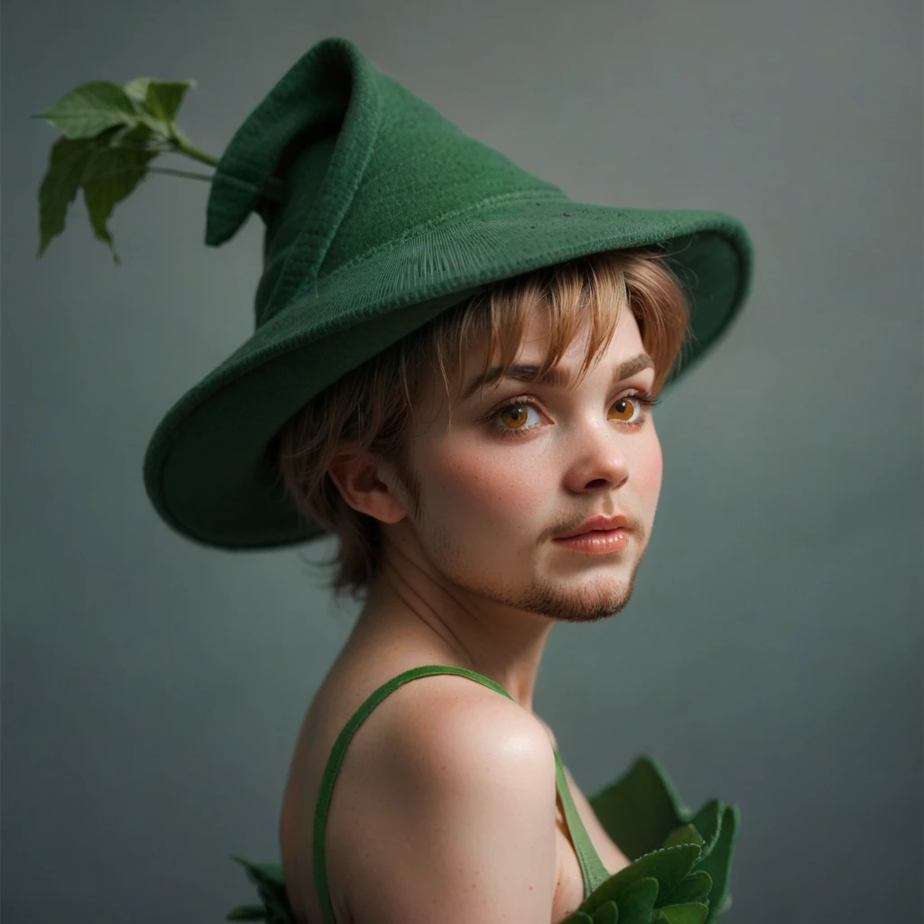 bushy shaggy bearded woman, facial hair, short light brown hair, amber eyes, green peter pan hat