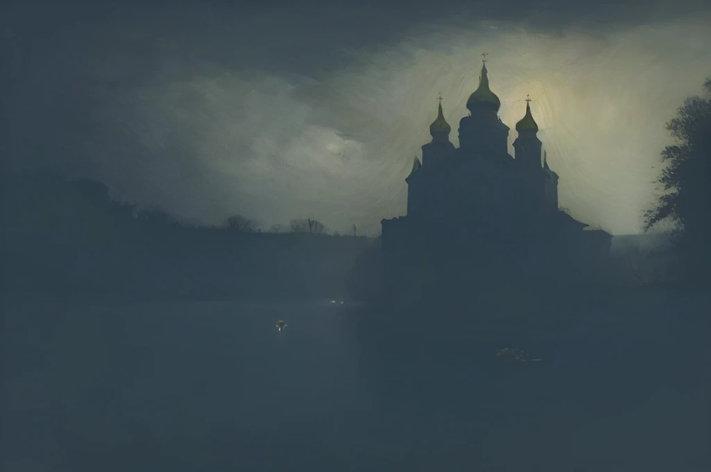 In this mystical scene a shining Orthodox church rises from the murky waters of a primordial swamp, the ornate black domes and crosses of the church are shrouded in mist, in the background a modern cityscape stretches beyond the horizon, sky and clouds, sunrise, undead, zombies burn, die in the swamp from the glow of the rays, the eerie silence of the swamp envelops the atmosphere, in the foreground grass and driftwood, (visible brushstrokes), by Svetlin Velinov, Stefan Koidl, Andrew Kuzinskiy, environmental artwork, awarded on cgsociety