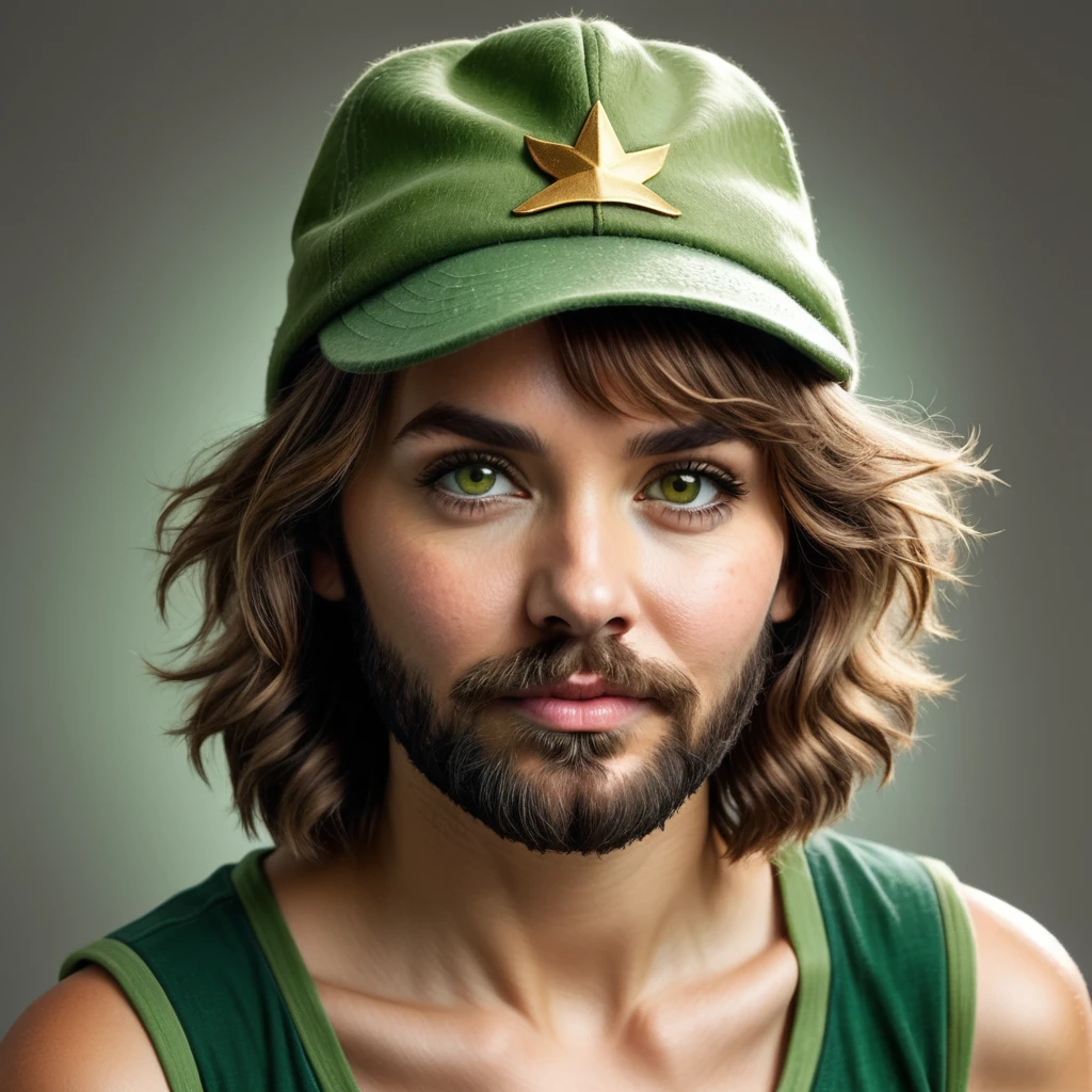 bushy shaggy bearded woman, facial hair, short light brown hair, amber eyes, green peter pan hat
