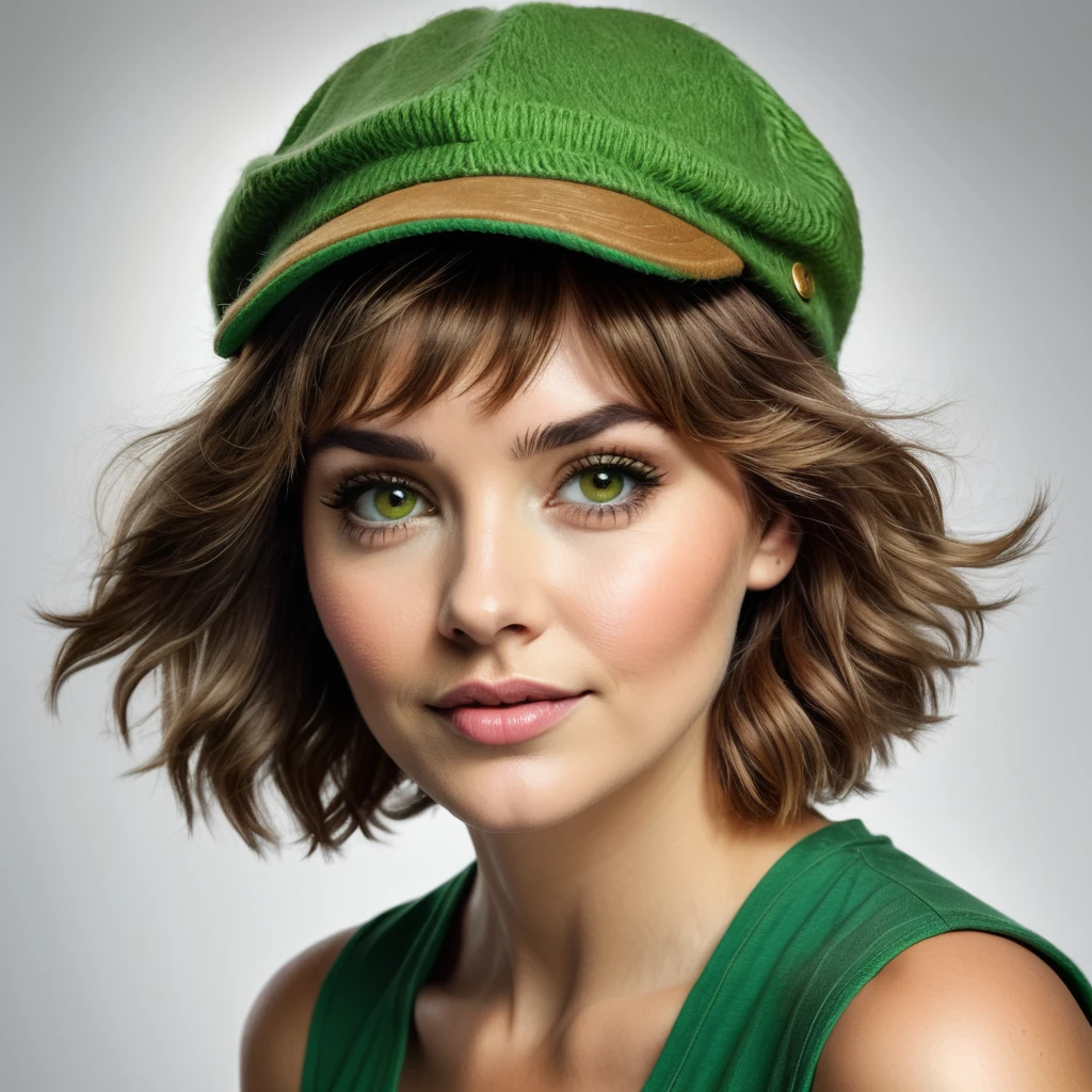 bushy shaggy bearded woman, facial hair, short light brown hair, amber eyes, green peter pan hat