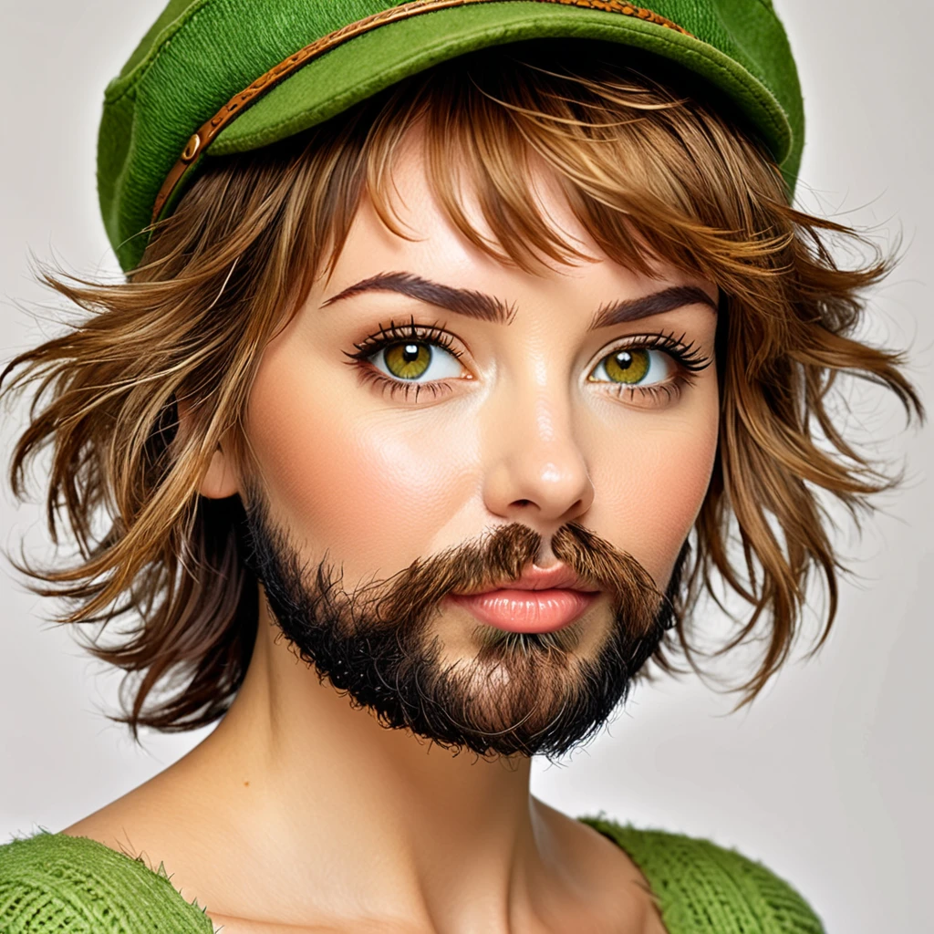 bushy shaggy bearded woman, facial hair, short light brown hair, amber eyes, green peter pan hat