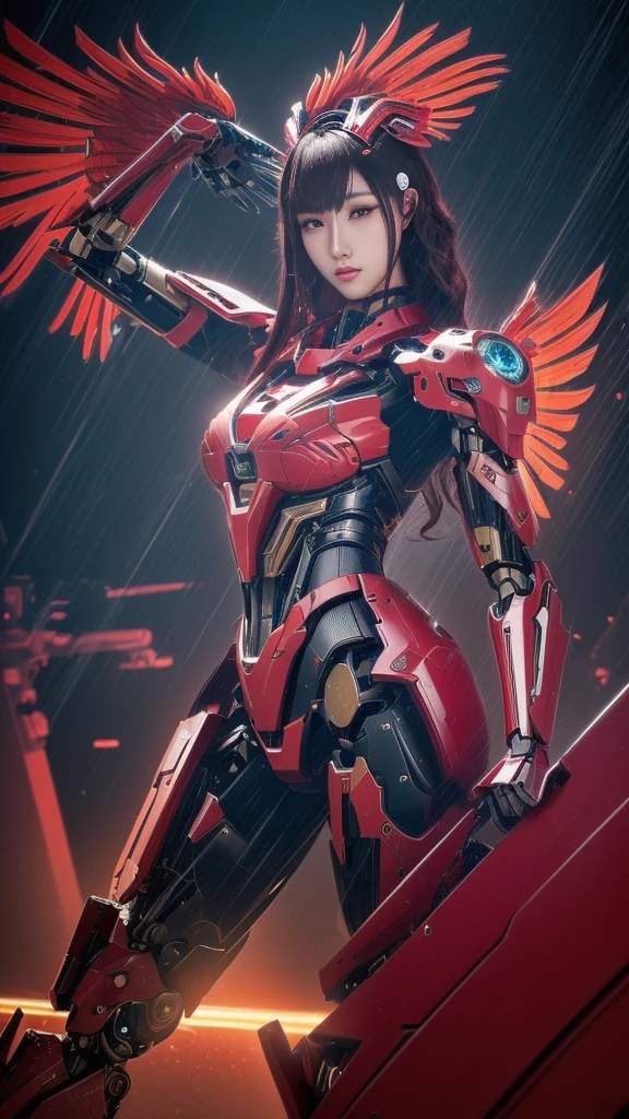 Super Detail, High Detail, high quality, best quality, High resolution，1 female robot，Beautiful female robot,beautiful clear face(Rain waves_haneame：1.5)，Red Theme, Phoenix Mech, rooster head chicken head, Mecha wings, cyberpunk, best quality, masterpiece, unmanned, whole body, Mechanical wonder, strong, moon, Ruined City, Highest quality digital art, Amazing Art, Wallpaper 4k, Very detailed, military, , War Zone, Dynamic lighting, Movie, epic, Mechanical parts damage