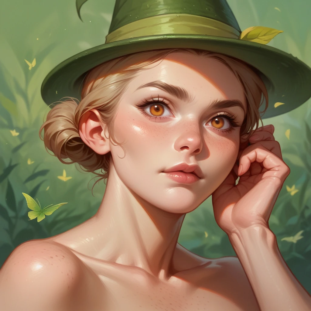 bushy shaggy bearded woman, facial hair, short light brown hair, amber eyes, green peter pan hat